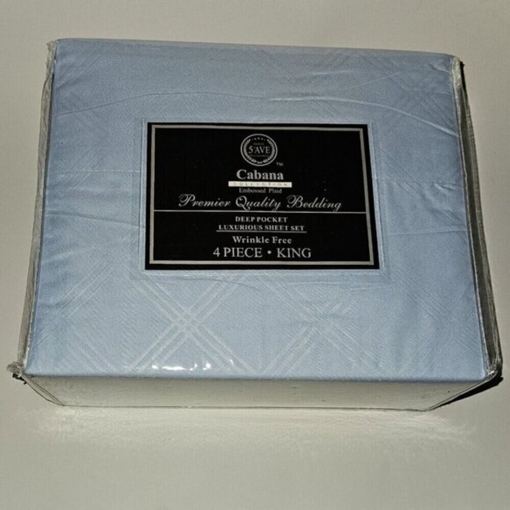 NEW Hotel 5th Ave Cabana Embossed Plaid Blue King Sheet Set Flat Fitted PCx2